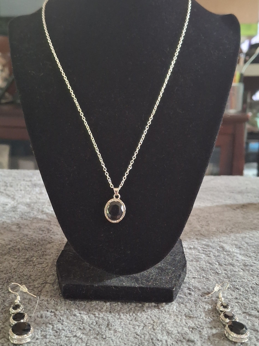 Silver Necklace with Black Gem Pendant